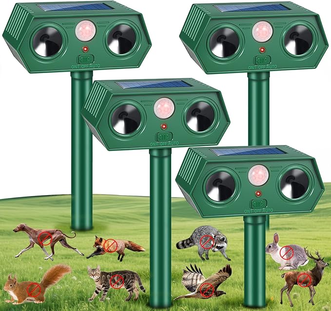 2025 Racoon Squirrel Sonic Fortress Pro Rabbit Repellent Outdoor, Solar Ultrasonic Animal Repeller Deer Deterrent with Motion Sensor to Scare Cat Dog Skunk Out of Garden Farm Yard(4Pack)