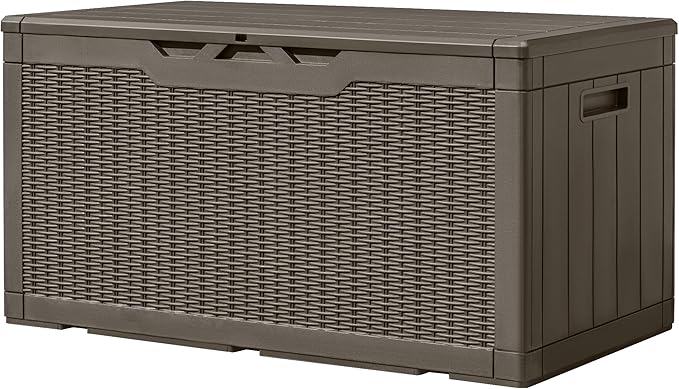 Greesum 100 Gallon Resin Deck Box Large Outdoor Storage, Imitation Rattan Weave Texture for Patio Furniture, Garden Tools, Pool Supplies, Weatherproof and UV Resistant, Lockable, Light Coffee