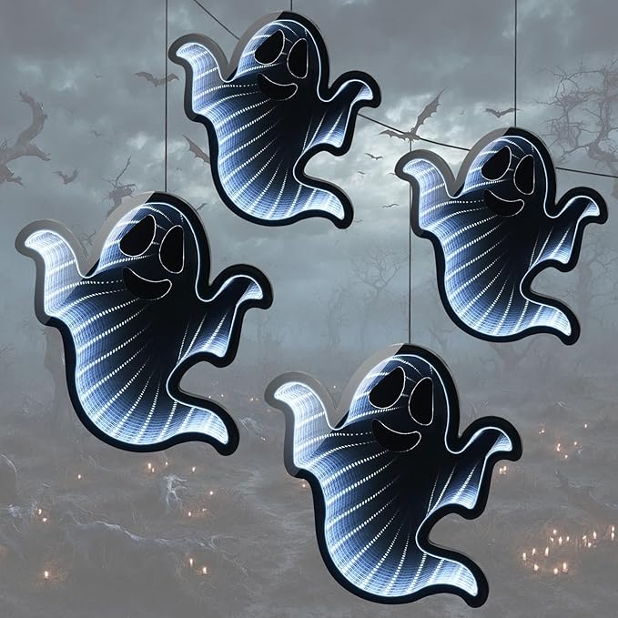 Halloween Décor 4 Ghosts Infinity Lights with USB Powered, 10.42FT 3D Infinity Mirror String Lights, Halloween Indoor Decorations for Window Outdoor Wall Party Room