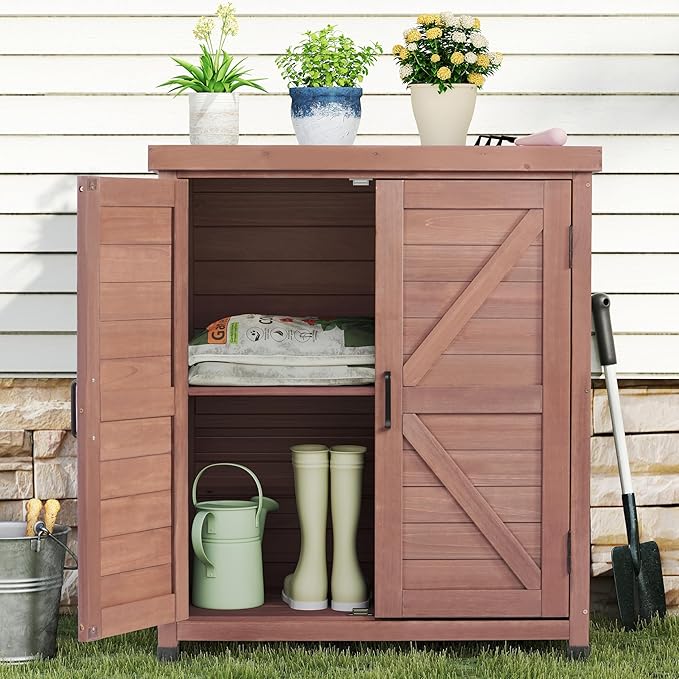 Outdoor Storage Cabinet & Potting Bench Table with Metal Top, Wooden Patio Furniture, Garden Workstation (Royal Brown, 36x31x17in)