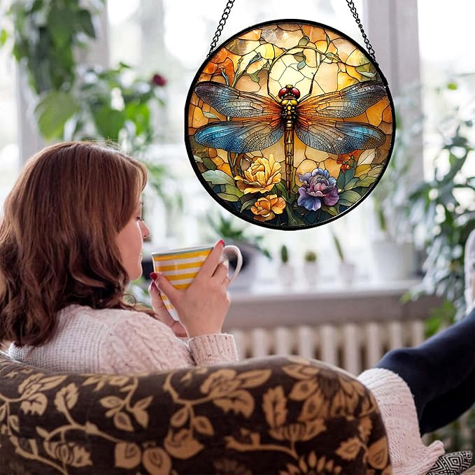 Stained Glass Window Hanging - Orange Blue Dragonfly Flower Suncatcher for Doors Window Home Sun Catchers Decor Christmas Mother's Day Birthday Outdoor Gifts for Women Men Mom Nana 14.9 in