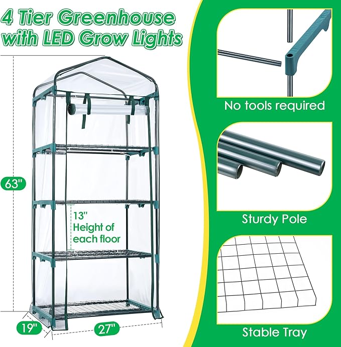 Meonum Indoor Greenhouse with LED Grow Lights, 4 Tier Mini Greenhouse with Roll-Up Zipper PVC Waterproof Cover and Trays, Dimmable Plant Grow Light for Indoor Plant with Timer, 27 L X 19 W X 63 H