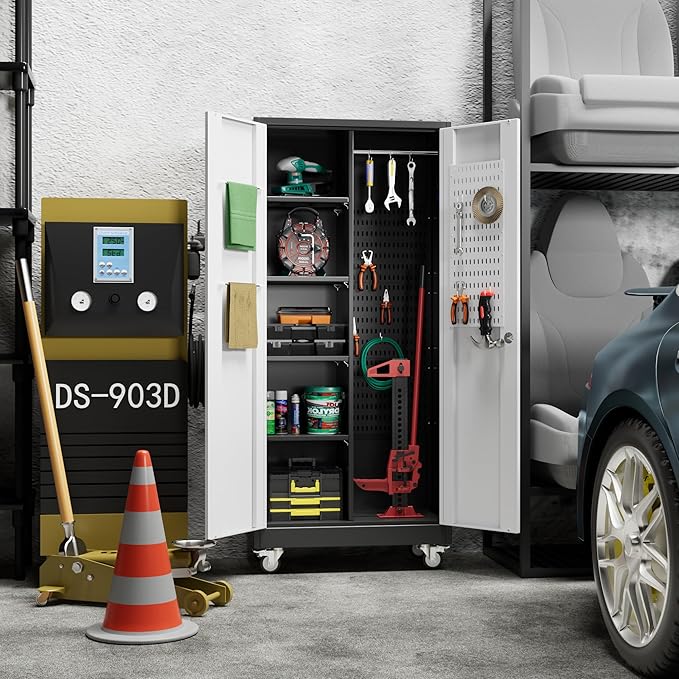 71" H Broom Closet Storage Cabinet with Wheels and Pegboard,Metal Garage Storage Cabinet with Lockable and Magnetic Doors,Adjustable Shelves for Garage Home Office,Required Assembly,Black and White