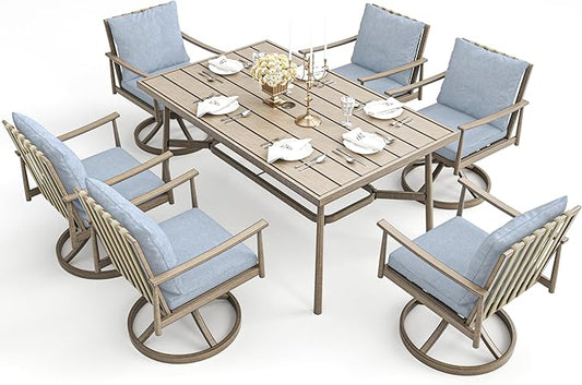 HAPPATIO 7-Piece Outdoor Dining Set for 6, Aluminum Patio Dining Set Includes 6 Swivel Dining Chairs and 1 Large Rectangular Table with Umbrella Hole, Patio Furniture Set for Lawn, Porch, Brown