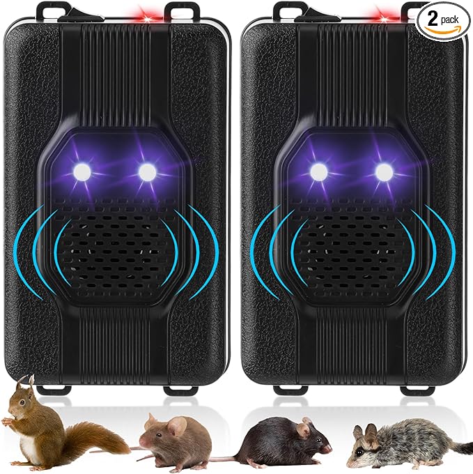 Qualirey 2 Pcs Under Hood Rodent Car Repeller Battery Operated Ultra Sonic Rat Rodent Electronic Repellent with Strobe Light Pest Car Prevention Keep Animal Mice Out of Engines Garage