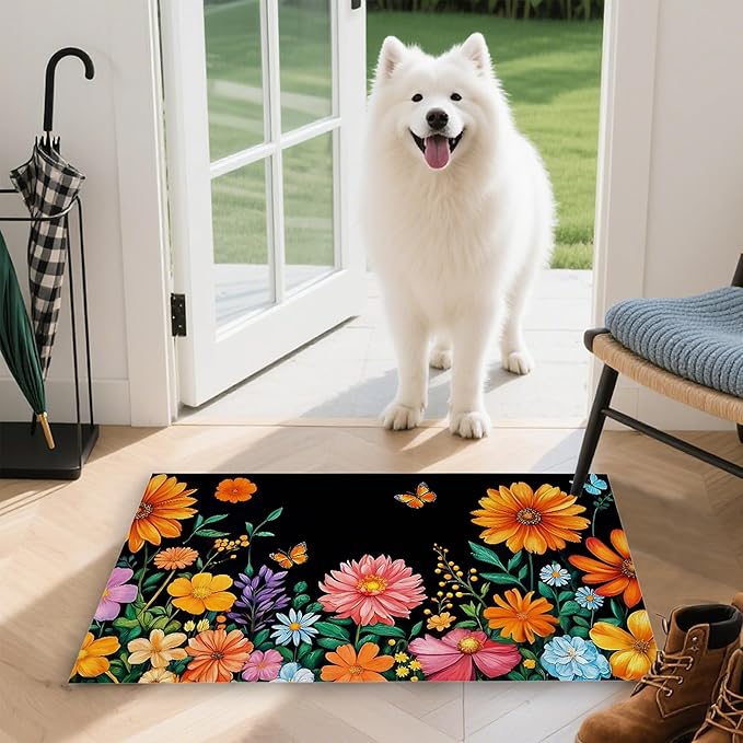 Colorful Flowers Welcome Mat Indoor,Spring Garden Wildflower Butterfly Front Door Mat,Non-Slip Entryway Rug, Low Profile Felt Indoor Doormat for Back Door Porch Patio Entrance,30 x 17 Inch