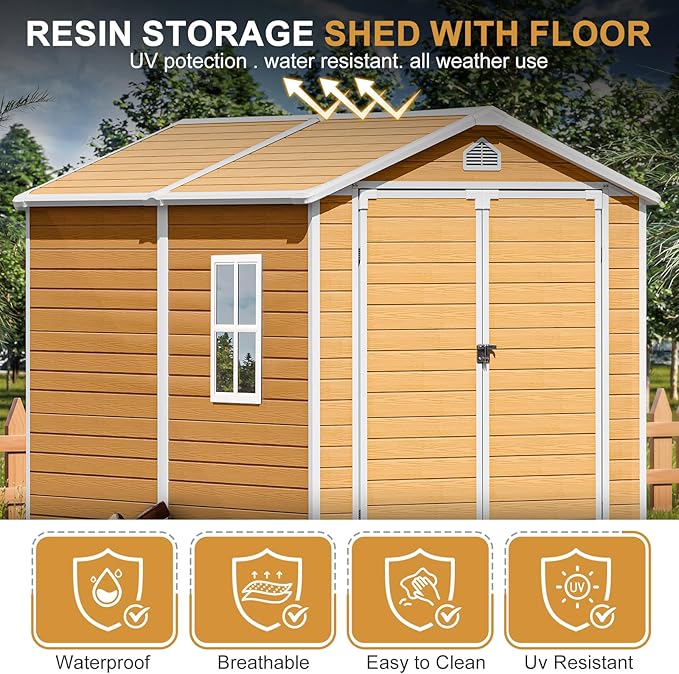 Plastic Sheds 8x6 Resin Outdoor Storage with Floor Included, Waterproof Lockable Garden Shed Tool Cabinet Brown
