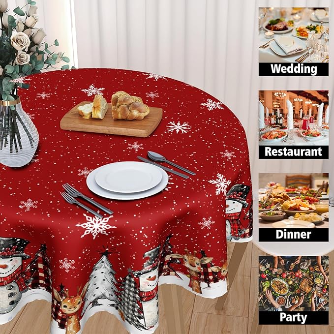 Christmas Round Tablecloth 60 Inch,Xmas Snowman Snowflakes Red Farmhouse Reusable Washable Polyester Table Cover for Kitchen Holiday Party Outdoor Dining Room Home Decor Gift