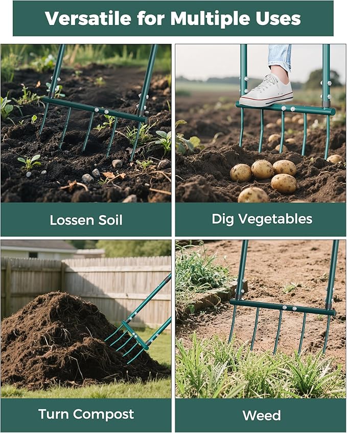 Broadfork Garden Tool, Pitch Fork 5 Tines Hand Tiller, Garden Fork with Ergonomic U-Shaped Design, Pitchfork for Gardening, Cultivating, Aerate Clay Soil for Farm