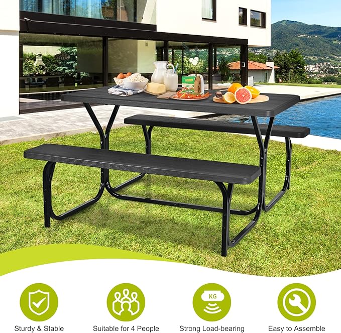 Moccha Picnic Table Bench Set - Portable Plastic Picnic Table w/Steel Frame & Wood-Like Texture, All Weather Heavy Duty Picnic Table Kit, Picnic Tables for Outdoors Garden Patio Party Dining (Black)