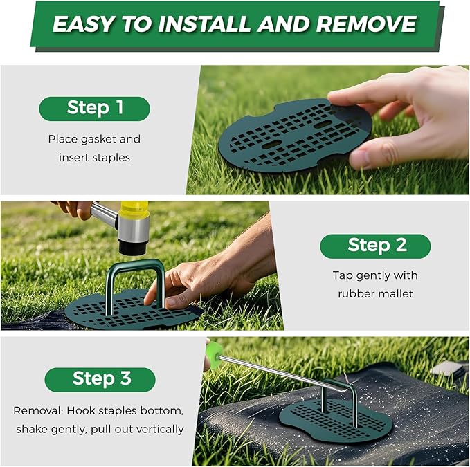 200pcs 6 Inch Green Artificial Turf Stakes Staples+200pcs Washer+Pick Hook+Rubber Mallet,11 Gauge Landscape Staples, Galvanized Lawn Spikes Yard Ground Pin for Artificial Grass Weed Barrier Sod Fabric