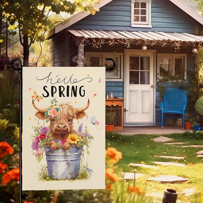 Hello Spring Garden Flag Highland Cow Polyester Yard Flag Double Sided Vertical 12x18 Inch Farmhouse Butterfly Floral Garden Flags Rustic Daisy House Banner for Seasonal Outdoor Decoration