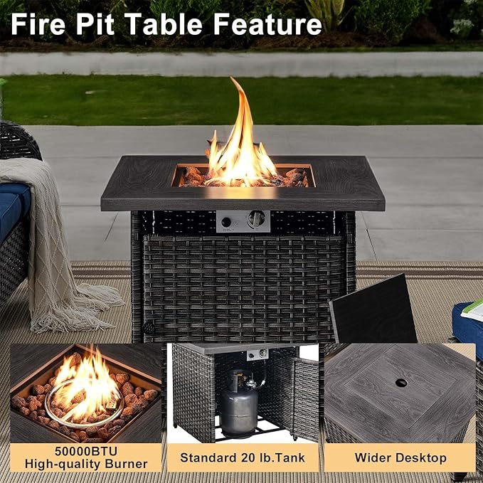 Patio Furniture 4 Piece, All-Weather PE Wicker Outdoor Furniture Set with CSA Certified 30in Propane Fire Pit Table,Outdoor Patio Furniture with Swivel Rocking Chairs