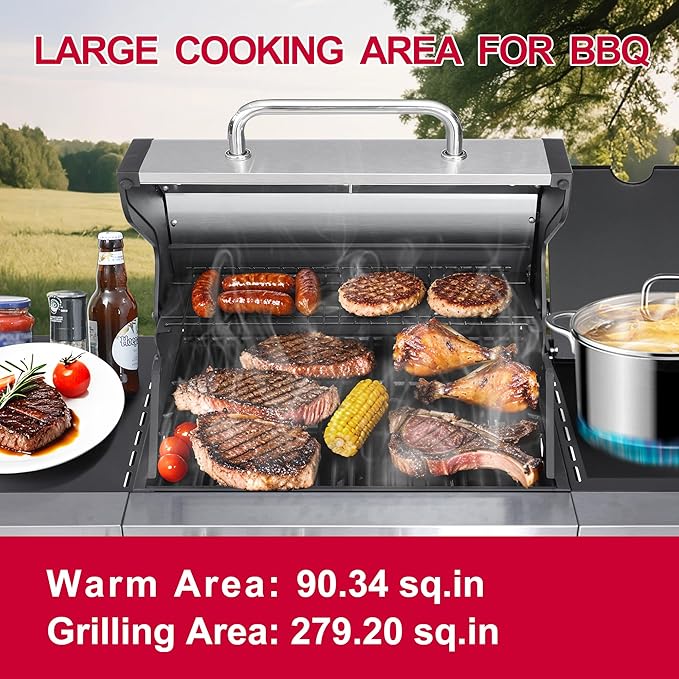 3-Burner Propane Gas BBQ Grill with Side Burner - 37330 BTU Output Stainless Steel Grill with Enameled Cast Iron Cooking Grid Side Table for Outdoor Backyard Patio Barbecue