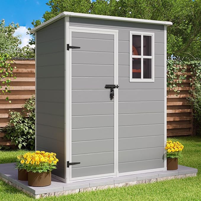 Gizoon 5x3 FT Resin Storage Shed Outdoor, Heavy-Duty Resin Shed with Floor for Patio, Lawn, Plastic Garden Sheds Weather-Resistant with Lockable Door for Patio Furniture, Garden Tools, Grey