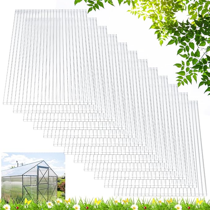 Tatuo 12 Pack 6' X 2' X 0.16'' Polycarbonate Greenhouse Panels Polycarbonate Sheets Twin-Wall Roof Panels Waterproof UV Protected Clear Corrugated Plastic Roofing for Greenhouse Replacement