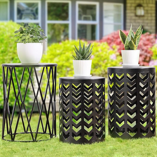 Y&M Set of 3 Black End Tables, Nesting Metal Round Coffee Table, Heavy Duty Meta Plant Stand Decorative Garden Stool, Outdoor Multifunctional Use