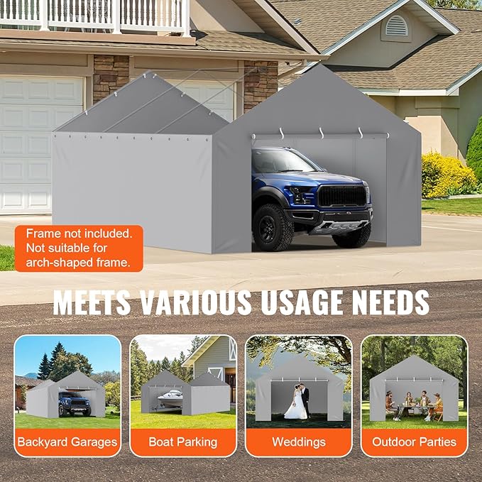 VEVOR Carport Replacement Canopy Cover Side Wall 13 x 20 ft, Garage Tent Shelter Tarp Heavy-Duty Waterproof & UV Protected, Easy Installation with Ball Bungees,Grey (Top and Frame Not Included)