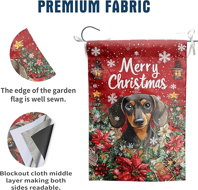 Christmas Dachshund Garden Flag Merry Christmas Dog Yard Flag for Outside Xmas Flags 12x18 Double Sided Red Poinsettia Garden Flags Winter Porch Decorations Outdoor