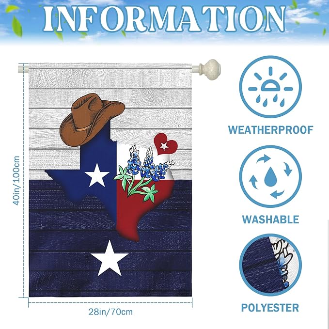 Texas Bluebonnet Garden Flag Cowboy Hat Texas State Yard Flag Americana Western House Banner Polyester Double Sided for Outdoor Wall Yard Patio Window Porch Welcome Banners Gift 28 x 40 Inch