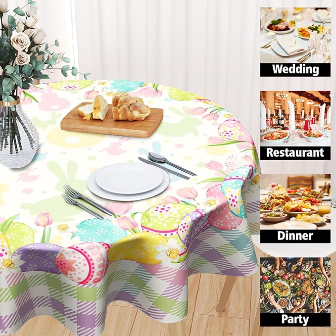 Giwawa Easter Tablecloth Round 60 Inches - Colorful Cute Bunnies Eggs Buffalo Check Plaid Table Cover Washable Stain and Wrinkle Resistant Reusable Table Cloth for Holiday Decor