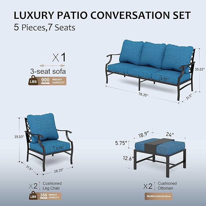 HERA'S HOUSE 5 Piece Patio Furniture Set, 2 x Leg Chair, 2 x Ottoman, 1 x 3-Seat Sofa, All Cushioned 7 Seats Metal Outdoor Conversation Set for Lawn Garden Backyard