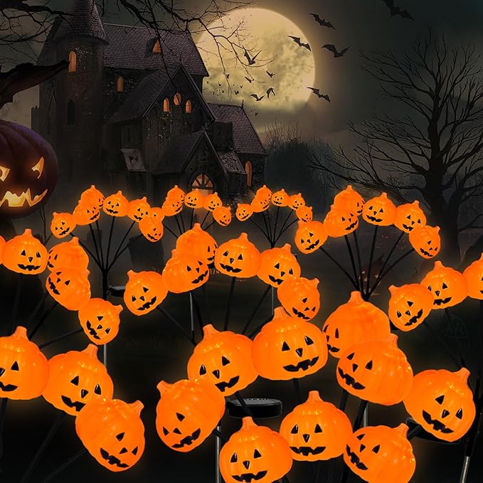 Set of 3 Halloween Pumpkin Lights Outdoor Solar Pathway Lights with 18 Cool White LEDs for Garden Yard Lawn Patio Decorations
