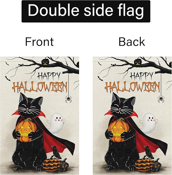 Louise Maelys Halloween Black Cat Garden Flag 12x18 Double Sided, Burlap Small Welcome Halloween Spooky Pumpkin Yard House Flags Seasonal Holiday Outdoor Outside Decor (ONLY FLAG)
