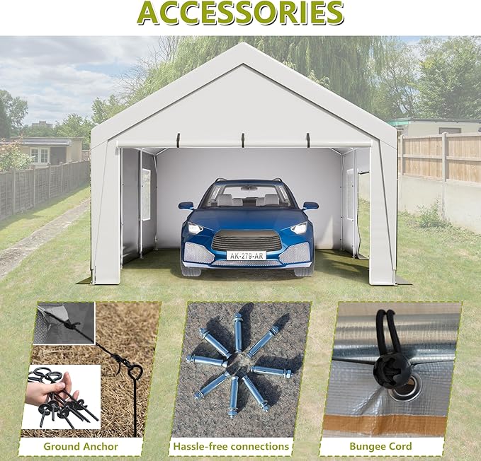 Carport 13x20ft Portable Garage Canopy Heavy Duty Car Port with Mesh Windows and Removable Sidewalls UV Resistant Waterproof All-Season Tarp for SUV, Boat, Truck White
