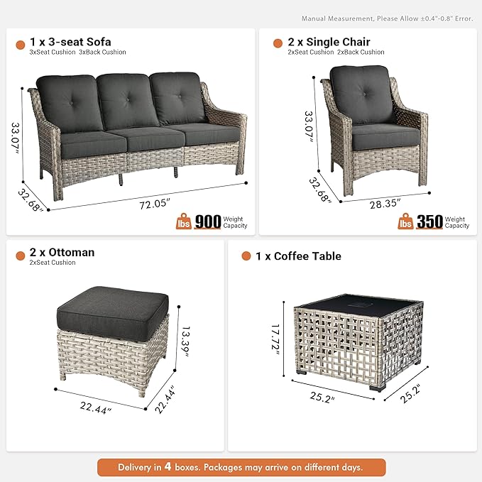 6 Pieces Patio Outdoor Furniture Set,All Weather Wicker Rattan Patio Seating Sofa and Chair Set w/Ottoman and Glowing Coffee Table,Outdoor Conversation Sets for Deck Yard Garden,Black