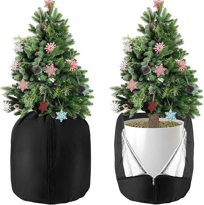2 Pcs Plant Pot Winter Covers Protection - Potted Plant Freeze Protection Frost Jacket with Zipper Drawstring to Keep Outdoor Plants Flowers Shrubs Trees Warm (25.6" D x 19.7" H - Black)
