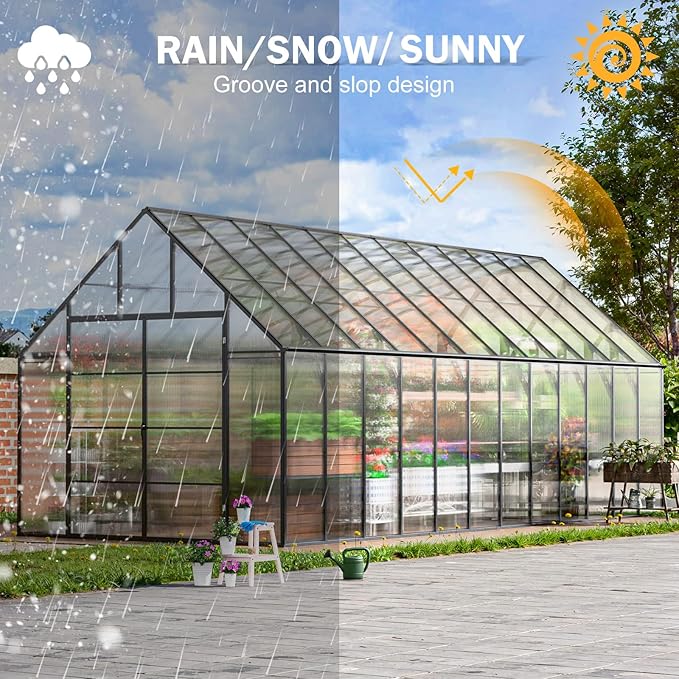 CDCASA 10x24 FT Greenhouse for Outdoors,Large Easy Assembly Thicker Aluminum Polycarbonate Greenhouses w/5 Windows, Double Door, Walk-in Green House for Outside,Patio,Backyard,Garden