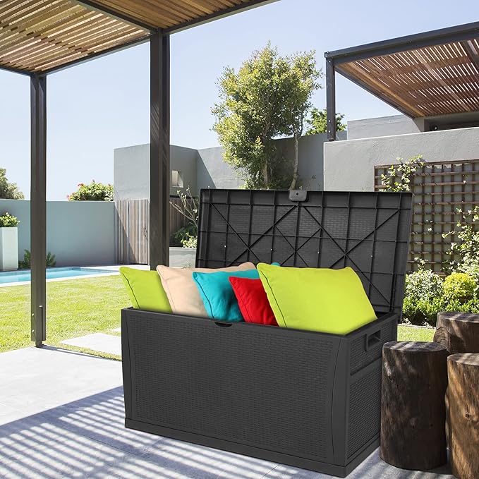 VINGLI Upgraded 120 Gallon Outdoor Storage Box, Lockable Plastic Storage Containers with Lid, Rattan Grain Surface Deck Box Patio Furniture for Garden, Pool, Balcony, Yard (Black)