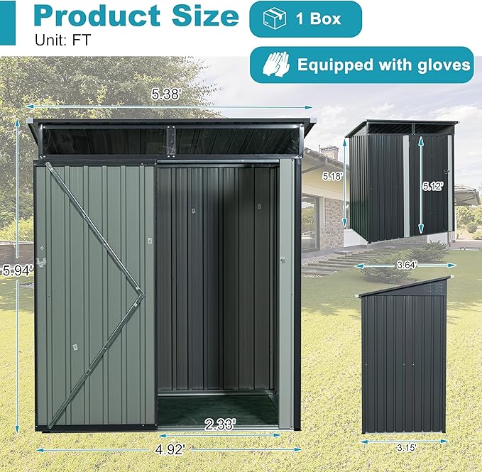 Sheds & Outdoor Storage 5ft x 3ft Metal Storage Shed with Transparent Plate, Hinged Door Design Small Garden Tool Storage Cabinet for Backyard, Patio, Poolside, Gray