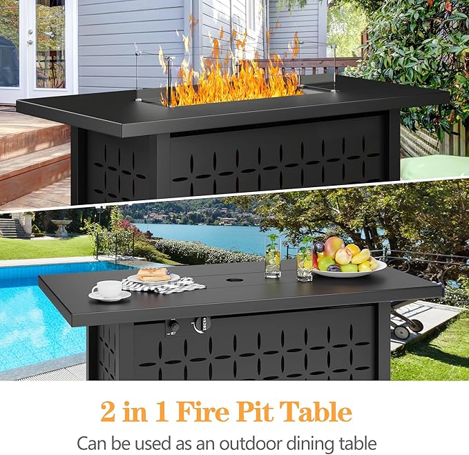 JAMFLY Propane Fire Pit Table, 43'' Gas Fire Pits Table for Outside, 2 in 1 Propane Fire Pit 50,000 BTU with Lava Rocks, Glass Wind Guard, Waterproof Cover and Lid
