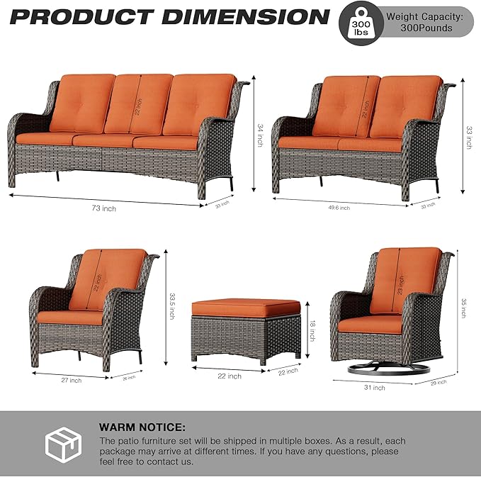Joyside Wicker Patio Furniture Sets 8 Piece Set with 3-Seat Sofa, 2 Swivel Rocking Armchairs, 2 Armchairs, 2 Ottoman and 1 Side Table Wicker Outdoor Conversation Set(Brown Mixed Gray/Orange)
