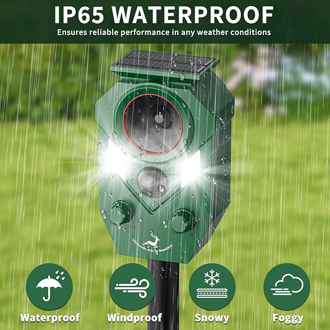 Ultrasonic Deer Repellent Outdoor, Solar-Powered Waterproof Animal Repellent Device for Yard, Garden, and PlantsEffective Repel Cat, Dog, Squirrel, Deer, Raccoon, Rabbit, and Skunk (4)