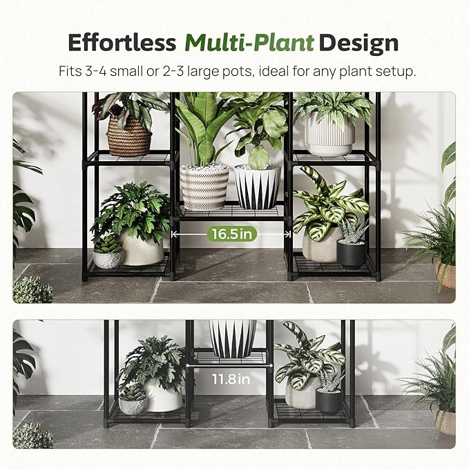 Plant Stand Outdoor Tall Plant Shelf Indoor Metal Large Hanging Plant Cabinet Waterproof Plant Rack Flower Holder for Living Room Patio Balcony Garden Black