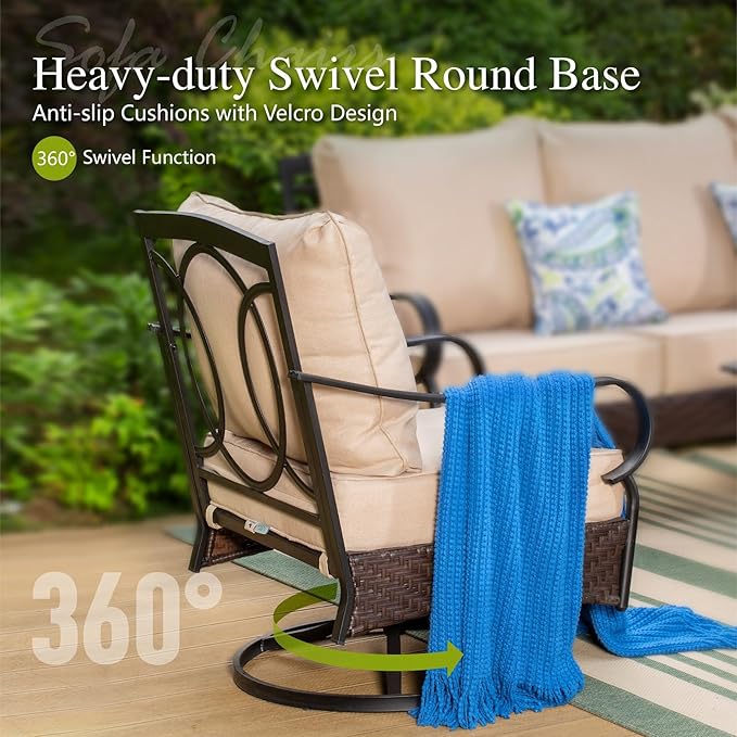 Sophia & William Metal Patio Furniture Set, 7 Seats Outdoor Conversation Set with 3-Seater Sofa, 2 Swivel Chairs, 1 Loveseat, 1 Coffee Table for Seating, Lawn Porch Backyard,Beige