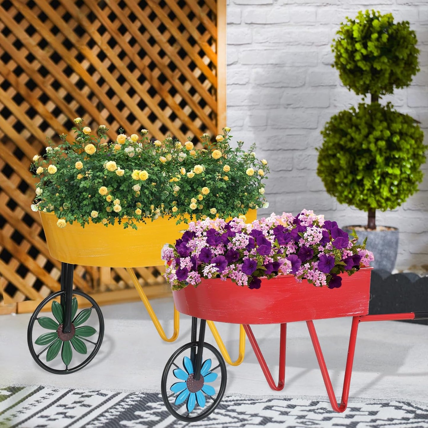 BAYN Metal Wheelbarrow Flower Cart Planter, 2 Packs Plant Stands with Triangular Support Handles Non-Rolling Wheel Vintage Wagon Planter Pots for Home Patio Garden Backyard Rustic Outdoor Decor