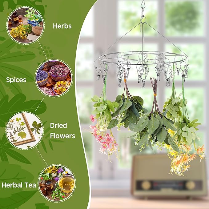 Bokon 4 Pcs Hanging Drying Rack for Herb Macrame Flower with Stainless Clip Dryer Hook for Drying Herb Air Plants Spices Flower Hydroponic Plant Ready to Use with Ceiling Hook(Round)