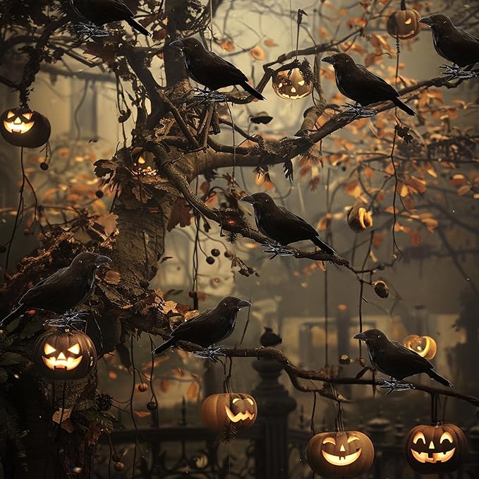 NEROSUN 6 Pack Halloween Black Feathered Crows, 5.7" & 8.7" Realistic Feathered Black Birds Raven, Halloween Decoration for Indoor Outdoor Home Yard Garden Party Decor