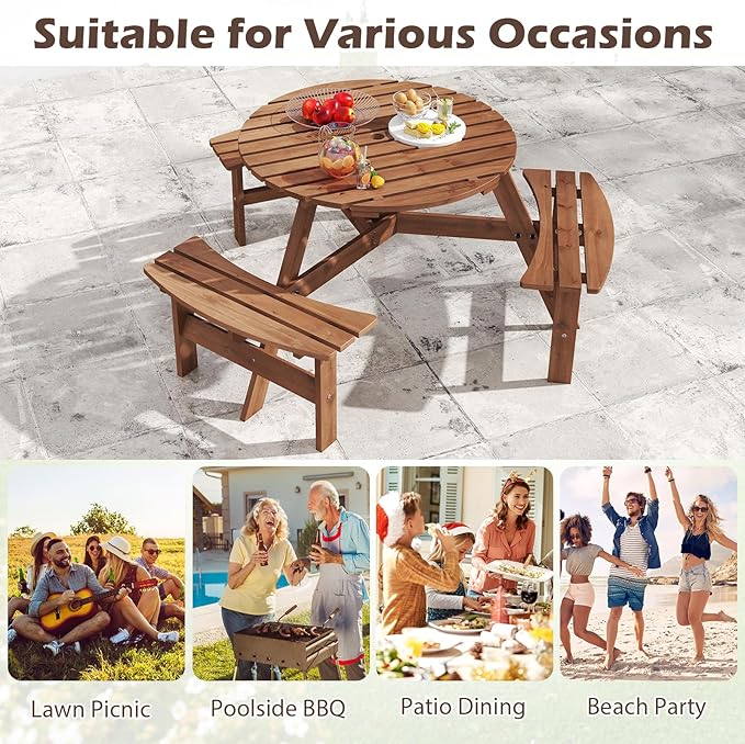 Giantex 6-Person Round Picnic Table Set with 3 Benches, 550 LBS Bench Capacity, 2" Umbrella Hole, Circular Outdoor Wood Dining Table & Chairs for Patio Yard Garden Porch Deck (68”x62”x28”,Brown)