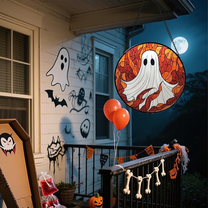 Stained Glass Window Hanging - Halloween Decorations White Ghost Orange Sky Suncatcher for Doors Garden Funny Spooky Sun Catchers Gothic Decor Horror Gifts for Women Men Friend Boy 11.8 in