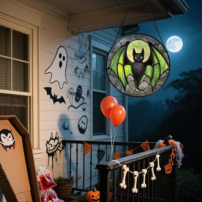 Stained Glass Window Hanging - Halloween Black Bat Green Wings Monster Suncatcher for Doors Garden Home Spooky Sun Catchers Gothic Decor Horror Gift for Women Men Friend Boy Girl 11.8 in