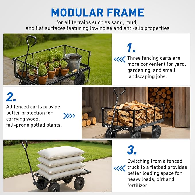 Yesker Steel Garden Carts - 1100lbs Dump Wagon with All Terrain Inflatable Wheels for Yard Lawn Farms Gardening - Heavy Duty Utility Outdoor Hauling Wheelbarrow