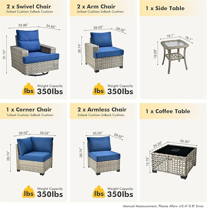 HOOOWOOO Outdoor Sectional Patio Furniture Set,9 Pieces Wicker Conversation Sets L Shaped Couch,Extra Deep Out Door Sofa Outside Furniture with Swivel Chairs,Navy Blue