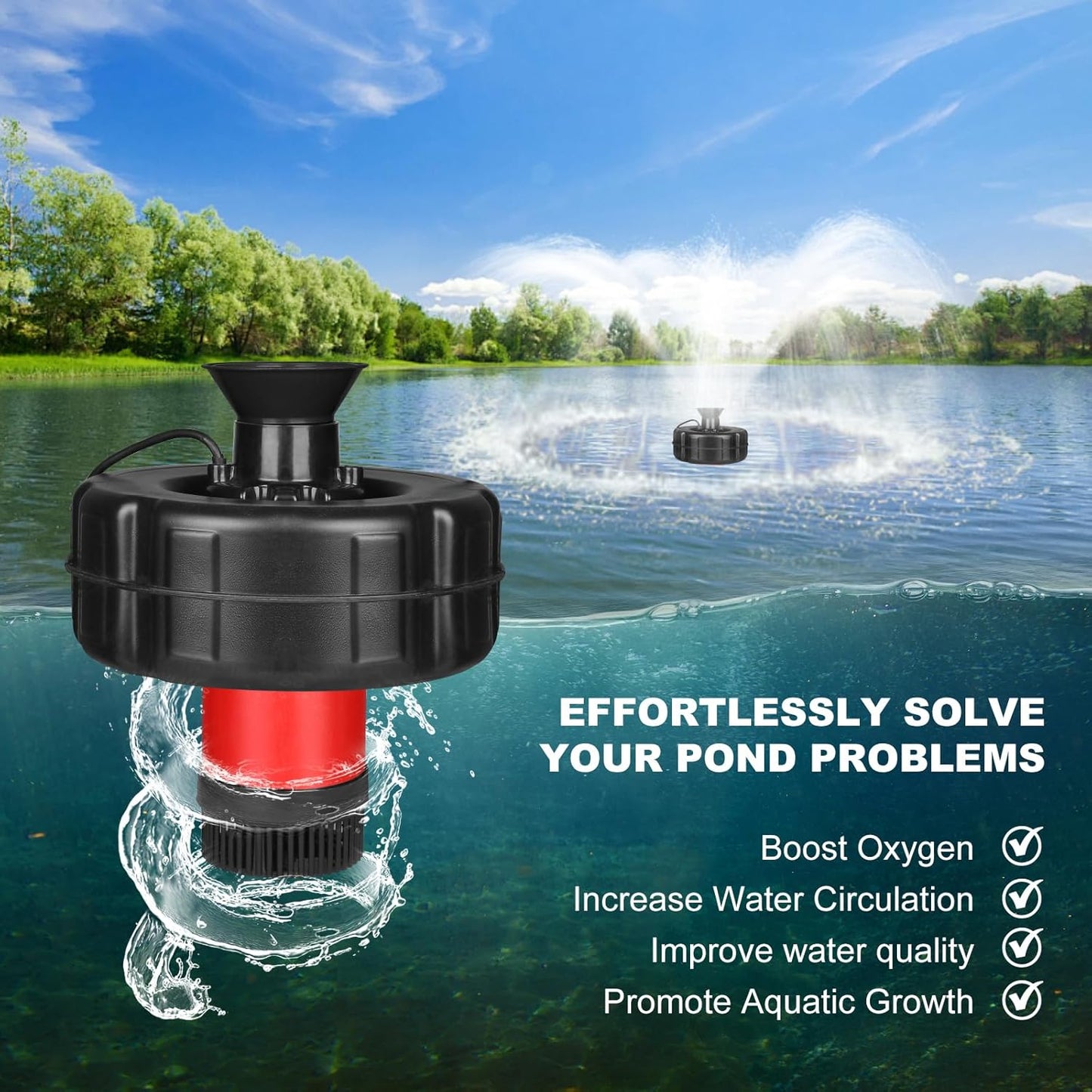 Pond Fountain Aerator 750W, 1HP 15000 GPH Automatic Floating Aerating Pump with Timer, 100FT Power Cord, 2 Spray Patterns, Energy-Efficient Water Circulation for Ponds & Lakes