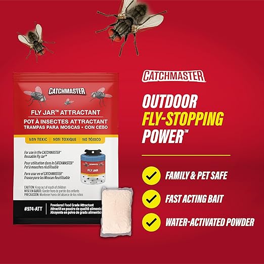 Catchmaster Reusable Fly Trap Outdoor Jar Refill 3-Pack Bait, Bug Catcher and Flying Insect Trap Natural Attractant Refill for Pest Control, Pet Safe, Bulk Fly Traps Bait