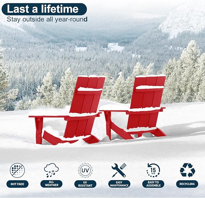 MXIMU Adirondack Chair Set of 8: Modern Adirondack Chairs Fire Pit Chairs Plastic Outdoor Chairs for Lawn Backyard Deck Garden Camping (Red)
